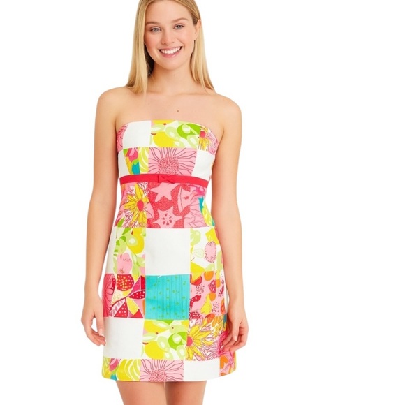 Vintage Lilly Pulitzer Strapless Patchwork Cotton Mini Dress Size 0 - Picture 1 of 8